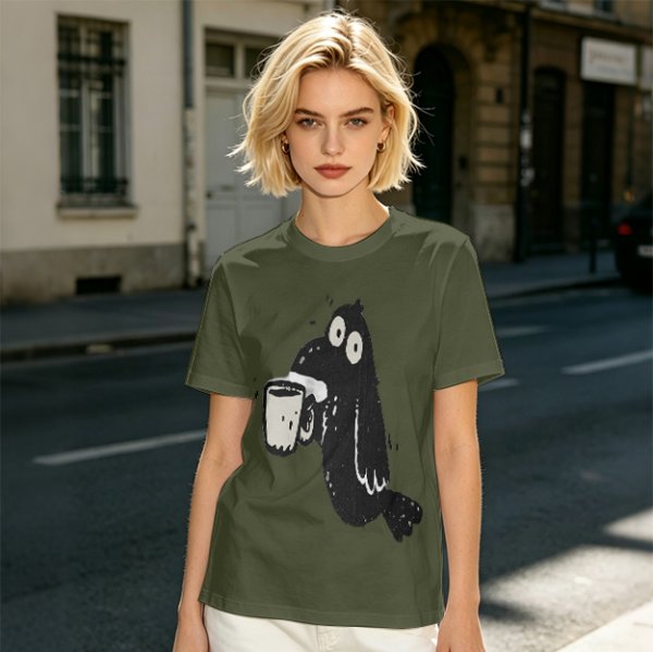 Olive Green T-Shirt With Cartoon Crow Holding Coffee Mug Print