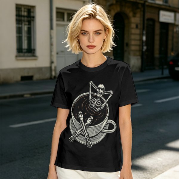 Olive T-shirt with skeleton relaxing in coffee cup graphic
