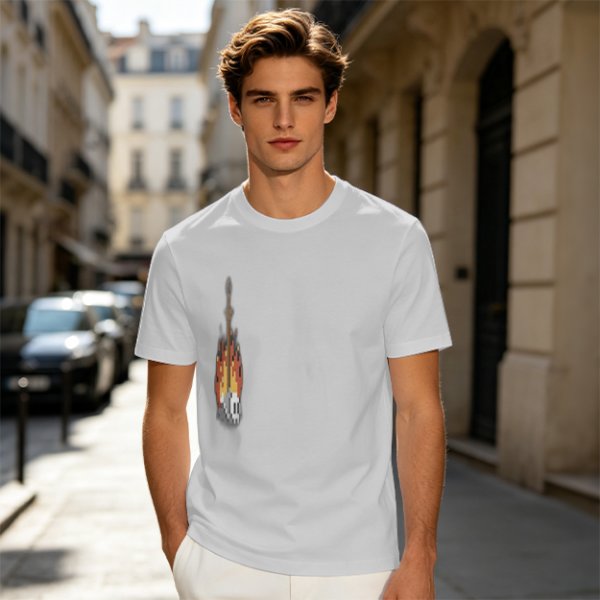 Olive Green T-Shirt With Pixel Art Skull Sword And Fire Print