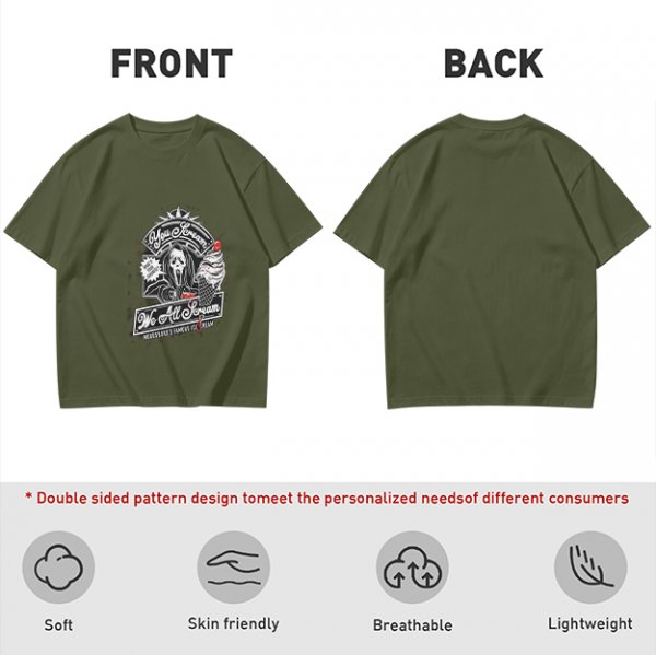 Olive green graphic t-shirt with horror ice cream themed print