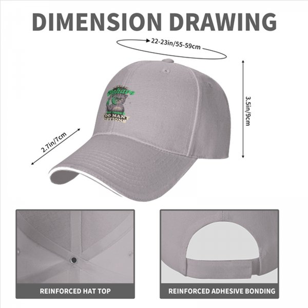 Black baseball cap with a sassy cat graphic and 'I want to behave but there's too many options' text