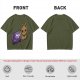 Olive T-shirt with a cartoon cat emerging from a purple chocolate wrapper print