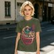 Olive T-shirt with Samurai Cat Surfing Ramen Bowl Art
