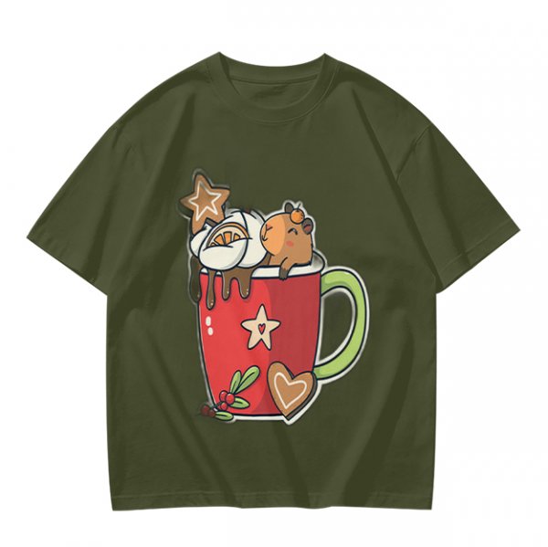 Olive T-Shirt With Cute Capybara In Christmas Hot Cocoa Mug Print