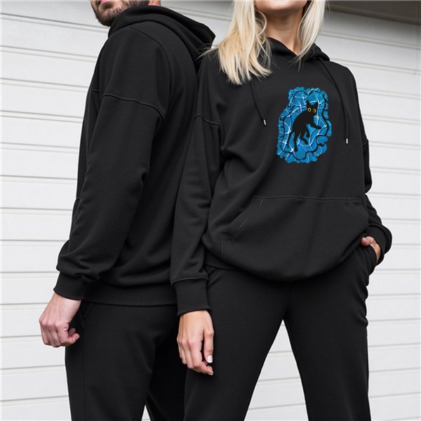 Black Hoodie With Peering Black Cat On Blue Swirl Graphic