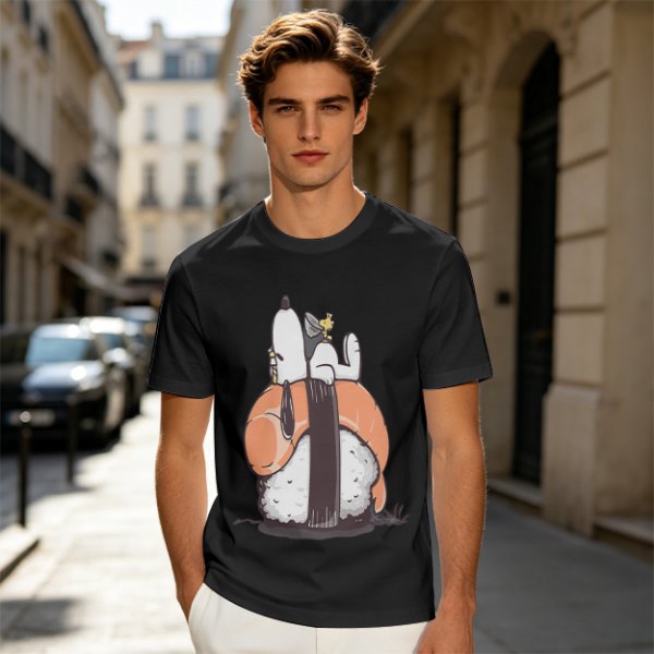 Olive t-shirt with Snoopy and Woodstock sushi print