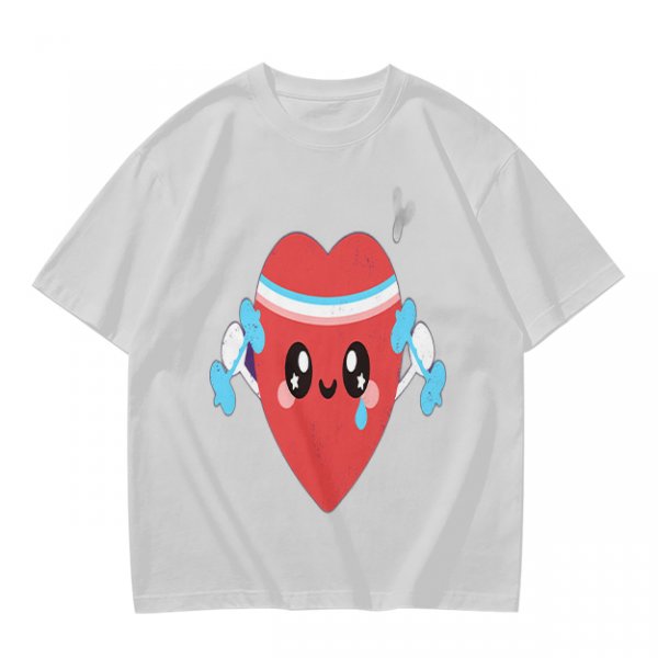 Olive T-Shirt With Cute Cartoon Heart Lifting Dumbbells Print