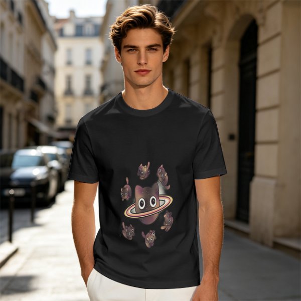 Olive T-Shirt With Saturn Cat And Kittens Space Print
