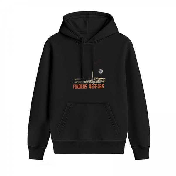 Black hoodie with 'Finders Keepers' graphic print