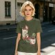 Olive green graphic tee with a sloth relaxing between anthropomorphic coffee mugs