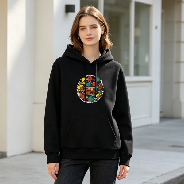 Black Hoodie With Colorful Cartoon Character Circle Graphic