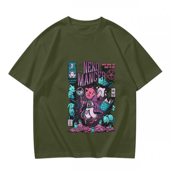 Olive green graphic tee with neko necromancer cat wizard art
