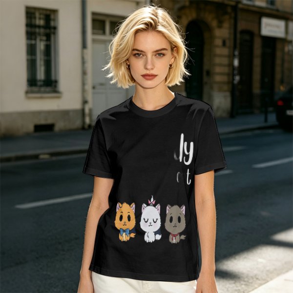 Olive T-Shirt With Cute Kitten Illustrations And Text Print