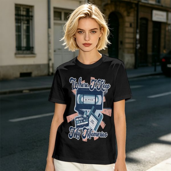 Olive Retro T-Shirt With Vintage Media Print 'Where I Keep My Memories'