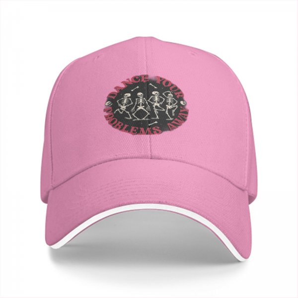 Black baseball cap with dancing skeletons and 'Dance Your Problems Away' text