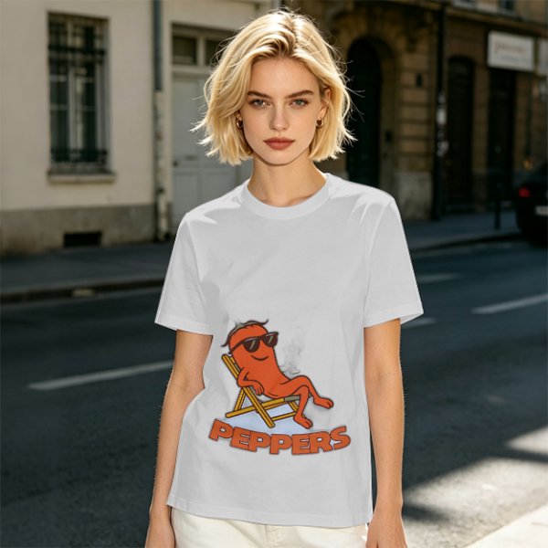 Olive T-shirt with Relaxed Cartoon Chili Pepper Wearing Sunglasses and Peppers Text