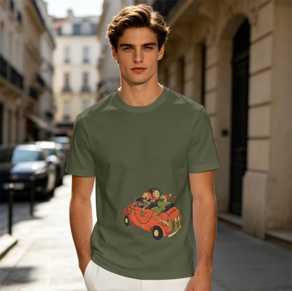 Olive T-Shirt with Skeleton and Friends in Christmas Car Print