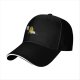 Black baseball cap with cartoon burning character and worried companion graphic