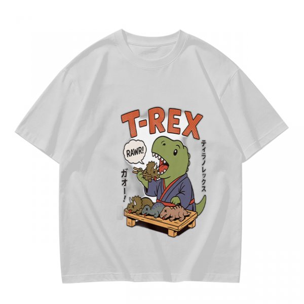 Olive T-shirt with cartoon T-Rex holding small dinosaurs and RAWR text