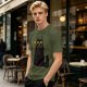 Olive Green T-Shirt With Surprised Black Cat Graphic Print