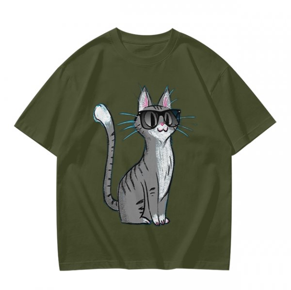 Olive T-Shirt With Cool Gray Cat Wearing Sunglasses Print