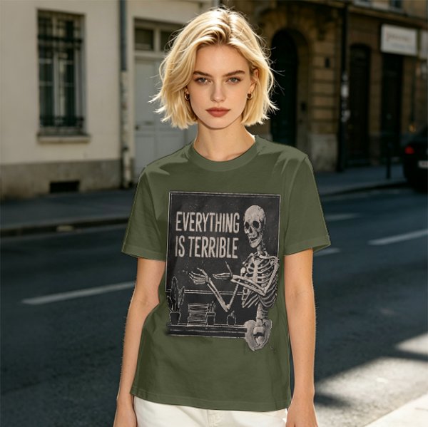 Olive t-shirt with skeleton teacher and 'Everything Is Terrible' print