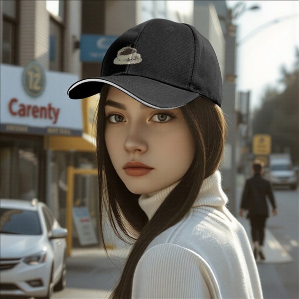 Black Baseball Cap With Coffee Cup And Cookies Graphic