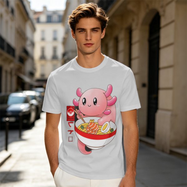 Olive T-Shirt Featuring a Cute Pink Axolotl Eating Ramen