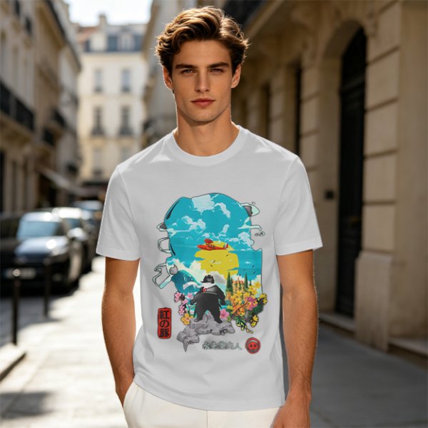 Olive T-shirt with anime pig pilot and seaplane graphic