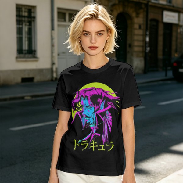 Olive t-shirt with neon vampire Dracula graphic and Japanese text