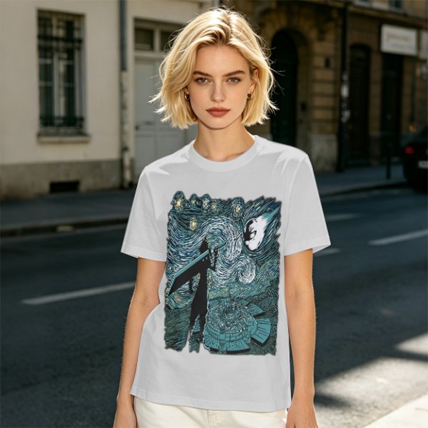 Olive T-shirt with Starry Night Style Fantasy Warrior Print