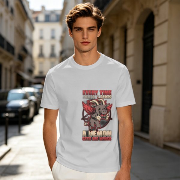 Olive t-shirt with funny demon goat fart joke graphic