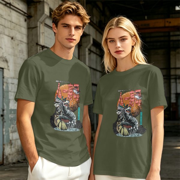 Olive T-Shirt with Japanese Dragon and Sun Graphic Print