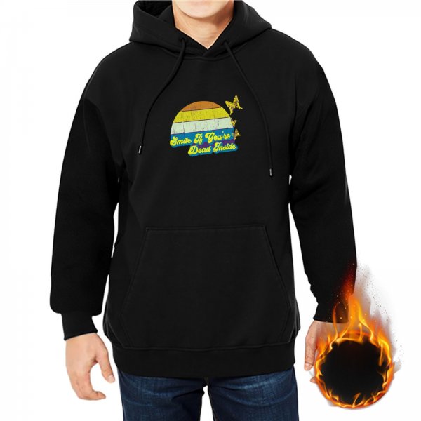 Black hoodie with retro sunset and 'Smile If You're Dead Inside' print