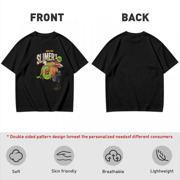 Olive green t-shirt with Slimer's Ghostbusters themed graphic print