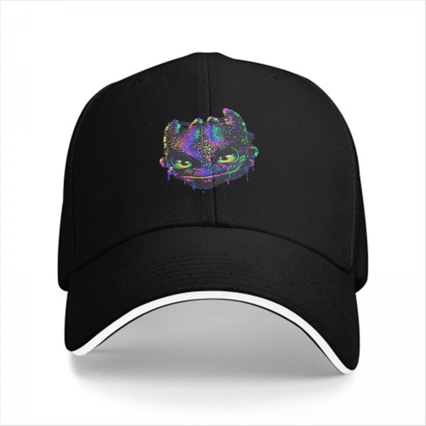 Black Baseball Cap With Neon Dragon Head Graphic Print