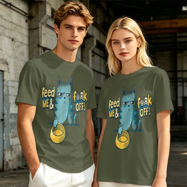Olive T-Shirt With Grumpy Cat Feed Me And F Off Print