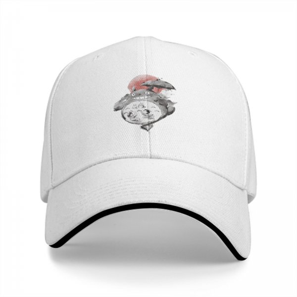Black baseball cap with Totoro holding umbrella and red sun graphic