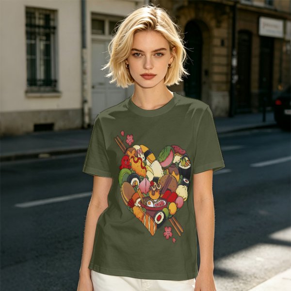 Olive T-Shirt With Heart Shaped Sushi Food Art Print