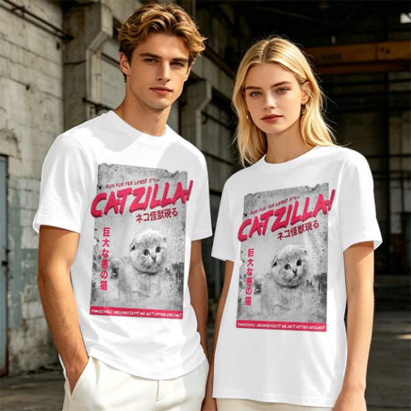 Olive green t-shirt with Catzilla giant cat monster graphic print