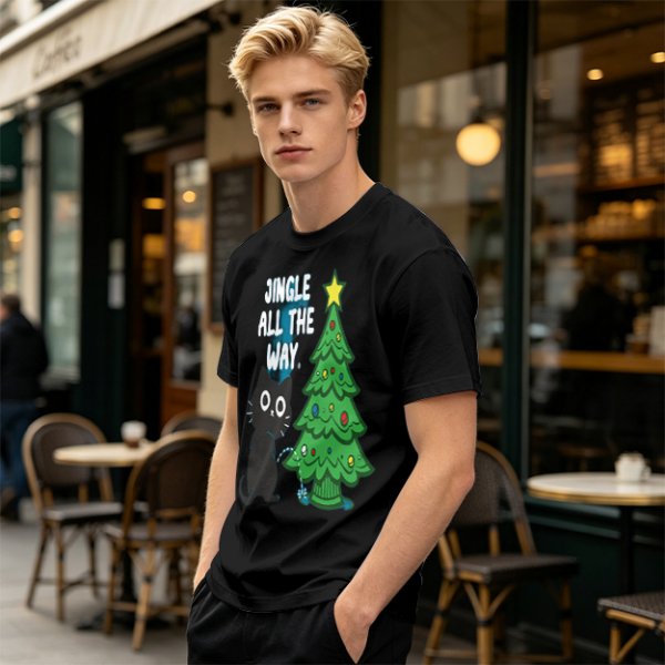 Olive Christmas Cat T-Shirt with Jingle All The Way Print