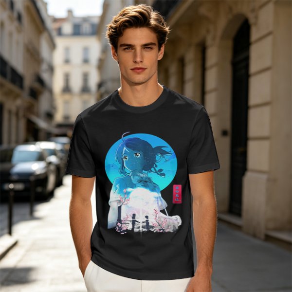 Anime girl cherry blossom scene graphic tee