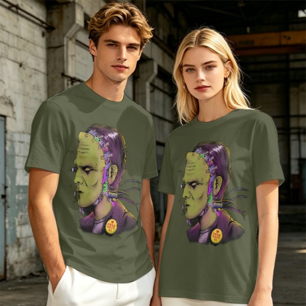 Olive T-Shirt with Frankenstein Monster Portrait Print