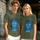Olive T-shirt with Glowing Blue Cheshire Cat Graphic