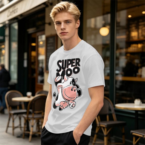 Olive green t-shirt with 'SUPER MOO' and cartoon cow graphic