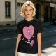 Oversized Olive T-Shirt with Retro Walking Pink Heart Cartoon Graphic