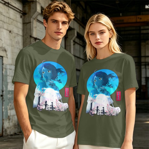 Anime girl cherry blossom scene graphic tee