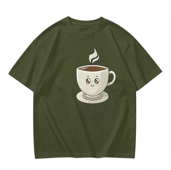 Olive Green T-Shirt With Cute Smiling Steaming Coffee Cup Print