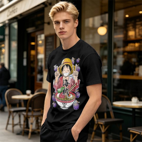 One Piece Luffy Ramen Peace Sign Anime Graphic T-Shirt