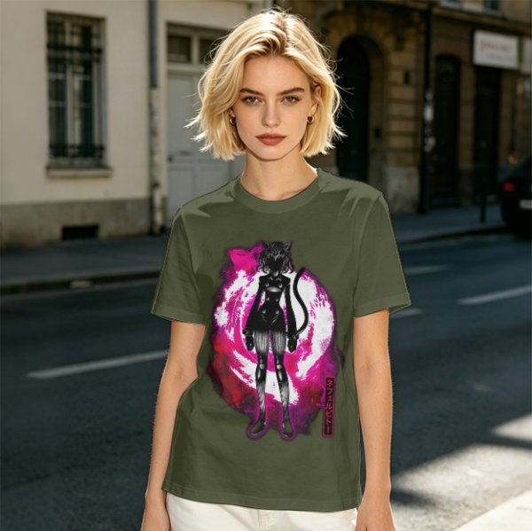 Olive anime cat character graphic t-shirt with pink abstract background